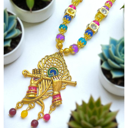 Handcrafted Krishna Flute Pendant Necklace Set with Earrings