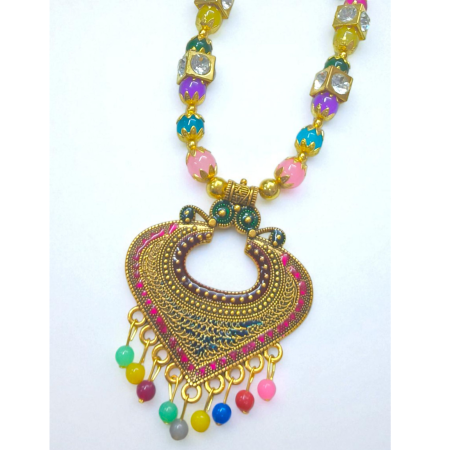 Traditional Beaded Necklace Set with Antique Pendant & Earrings